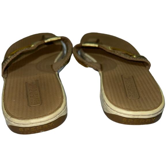 Sperry Top-Sider Gold Glitter Leather Flip Flops Boat Sandals Size 12 Tan - Picture 6 of 10